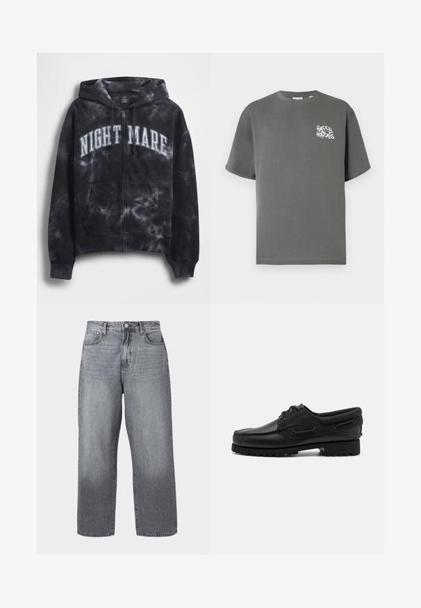 Sort tie-dye hættejakke med lynlås og teksten "NIGHT MARE" i hvid tværs over brystet, med hætte og frontlomme. Tekstureret stof.; Grå bomuld T-shirt med korte ærmer og rund halsudskæring, med hvid tekst "HAPPY HOLIDAYS" i graffiti-stil på forsiden.; Grå denim bred-benede jeans med høj talje, fem-lomme design og metal lukning. Stof viser let falmning nær kanten.; Sort sko med overdel i læder, tekstilaccentuer, runde snørebånd og en tekstureret gummisål. Udstyret med mokkasinsyning og branddetalje.