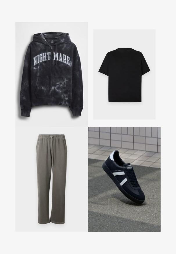 Schwarz batikfarbener Zip-Hoodie mit weißem "NIGHT MARE"-Schriftzug auf der Brust, mit Kapuze und Fronttasche. Strukturierter Stoff.; Ein einfaches schwarzes T-Shirt mit kurzen Ärmeln und Rundhalsausschnitt, dargestellt vor einem hellgrauen Hintergrund.; Graue Baumwoll-Sweatpants mit elastischem Bund und Kordelzug, seitlichen Taschen und einer lockeren Passform über die Beine.; Schwarze Leder-Sneaker mit weißen Streifen, strukturiertem Gummisohle und Schnürung. Verfügt über ein Markenetikett auf der Zunge.