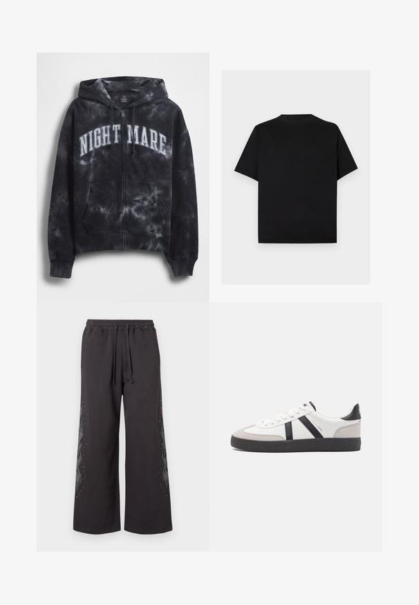 Sort tie-dye hættejakke med lynlås og teksten "NIGHT MARE" i hvid tværs over brystet, med hætte og frontlomme. Tekstureret stof.; Simpel sort T-shirt med korte ærmer og rund hals vist på en lys grå baggrund.; Sorte, bredbenede sweatpants med elastisk talje, med en flammendesign på siden i grå, prydet med små rhinsten.; Hvide sneakers med sorte og grå detaljer, med en tekstureret grå tåhætte, sort gummisål og flade hvide snørebånd. Rent design, minimalistisk stil.