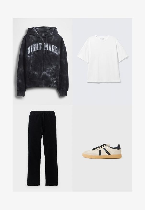 Sudadera con capucha con cremallera y diseño de teñido anudado negro, con el texto "NIGHT MARE" en blanco en el pecho, que cuenta con capucha y bolsillo frontal. Tejido texturizado.; Camiseta blanca de gran tamaño con mangas cortas, cuello redondo y hombros caídos, plana sobre fondo gris claro.; Pantalones de pana negros con cintura ajustable, diseño de pierna recta, textura suave y sin bolsillos visibles ni adornos.; Zapatillas casuales en crema con rayas negras, con parte superior texturizada y suela de goma. Los cordones son negros. Logo sutil en el costado.