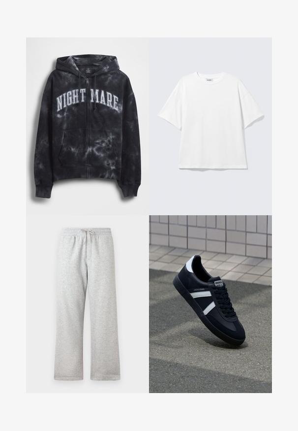 Schwarz batikfarbener Zip-Hoodie mit weißem "NIGHT MARE"-Schriftzug auf der Brust, mit Kapuze und Fronttasche. Strukturierter Stoff.; Weißes oversized T-Shirt mit kurzen Ärmeln und Rundhalsausschnitt mit eingesetzten Schultern, flach auf hellgrauem Hintergrund.; Helle graue Jogginghose mit elastischem Bund und beigem Kordelzug, gerade Passform, vor einem weißen Hintergrund präsentiert.; Schwarze Leder-Sneaker mit weißen Streifen, strukturiertem Gummisohle und Schnürung. Verfügt über ein Markenetikett auf der Zunge.