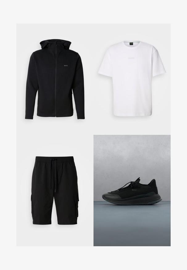 Sweat à capuche noir zippé en tissu lisse, doté d'une capuche, de poches latérales zippées et d'un petit logo embossé sur la poitrine.; T-shirt en coton blanc à manches courtes, col rond, avec un logo « BOSS » en relief sur la poitrine. Texture lisse, coupe standard.; Shorts cargo noirs en tissu léger, dotés d'une taille élastique, d'un cordon de serrage et de poches cargo latérales pour un rangement supplémentaire.; Chaussure de sport noire avec une tige en maille, semelle en caoutchouc et un design à lacets. Présente une finition texturée et un logo discret sur le côté.