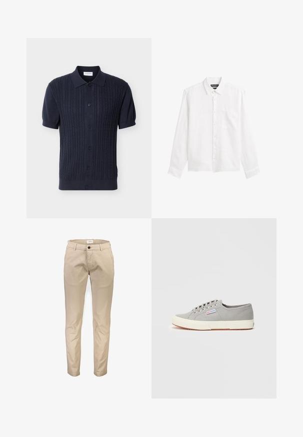 Marineblauw, kortarm gebreid poloshirt met kabelpatroon, knoopsluiting aan de voorkant, geribbelde zoom en kraag van Lindbergh.; Wit overhemd met lange mouwen, knopen en een kraag, met een borstzak, plat neergelegd op een witte achtergrond.; Beige katoenen broek met een rechte pijp, voorzien van voorzakken, een ritssluiting en een enkele knoopsluiting. Gladde textuur, zonder patronen.; Lichtgrijze lage canvas sneaker met witte rubberen zool en veters, met een klein label aan de zijkant met de merknaam "Superga."