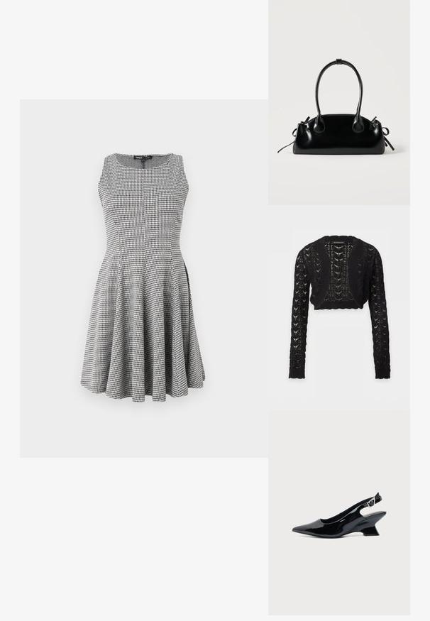 Cardigan noir court en maille avec manches longues et lien lacé à l'avant, avec un motif ajouré et des bords côtelés.; Robe sans manches à carreaux noir et blanc avec un corsage ajusté et une jupe évasée, texture lisse et détails de couture subtils.; Chaussure slingback en cuir verni noir avec bout pointu et petit talon bloc incliné sur fond clair uni.; Petit sac à main noir brillant avec deux longues anses et des détails à cordon sur les côtés sur un fond clair uni.