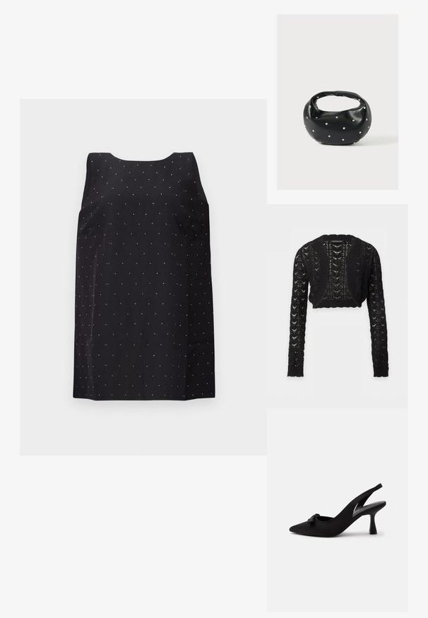 Cardigan noir court en maille avec manches longues et lien lacé à l'avant, avec un motif ajouré et des bords côtelés.; Robe noire sans manches avec un col rond, ornée d'un motif dispersé de petits points argentés brillants sur le tissu.; Chaussure à talon haut slingback noire à bout pointu avec un petit nœud sur le devant et un talon fin, présentée sur un fond blanc.; Sac à main en cuir noir de forme arrondie, décoré de clous argentés et équipé d'une poignée courte. Texture lisse et fermeture éclair.