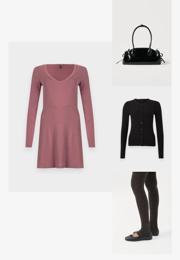 Cardigan noir côtelé avec manches longues, encolure ronde et fermeture à boutons sur le devant. Comprend des boutons noirs assortis et une coupe ajustée.; Robe à manches longues mauve, dotée d'un décolleté en V et d'un corsage ajusté avec une jupe évasée. Fabriquée en tissu doux et extensible.; Jambes portant des leggings côtelés foncés associés à des ballerines noires avec de petits détails en nœud sur fond blanc.; Petit sac à main noir brillant avec deux longues anses et des détails à cordon sur les côtés sur un fond clair uni.