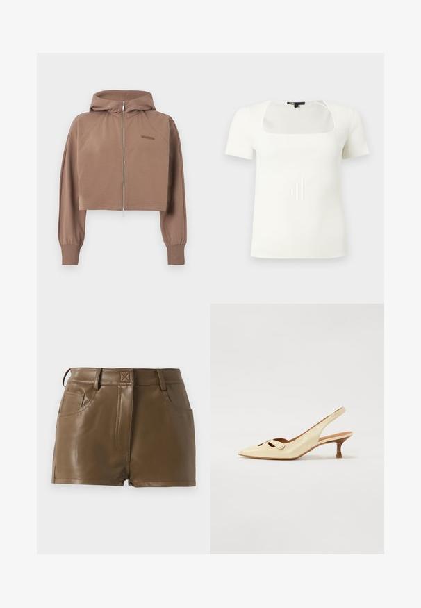 Sweat à capuche court marron avec manches longues, fermeture éclair devant, poignets en côte et petit logo embossé sur la poitrine.; Haut blanc côtelé à manches courtes avec encolure carrée et silhouette ajustée.; Shorts en faux cuir marron au design ajusté, avec une taille à passants de ceinture, des poches avant et des détails de couture visibles.; Pompes slingback en cuir beige avec un bout pointu, un détail découpé et un talon en bois de hauteur moyenne. Texture lisse avec une finition brillante.