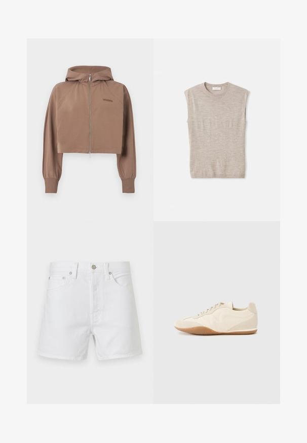 Sweat à capuche court marron avec manches longues, fermeture éclair devant, poignets en côte et petit logo embossé sur la poitrine.; Top sans manches beige clair en matériau doux, avec un col rond, des lignes épurées et une coupe légèrement ample. Design minimalist.; Short en denim blanc avec poches à l’avant, passants pour ceinture et fermeture par bouton métallique, présenté sur un fond uni.; Baskets beige clair avec une tige en cuir texturé, des panneaux latéraux texturés et une semelle en caoutchouc. Dotées d'un design fin et épuré ainsi que de lacets plats.