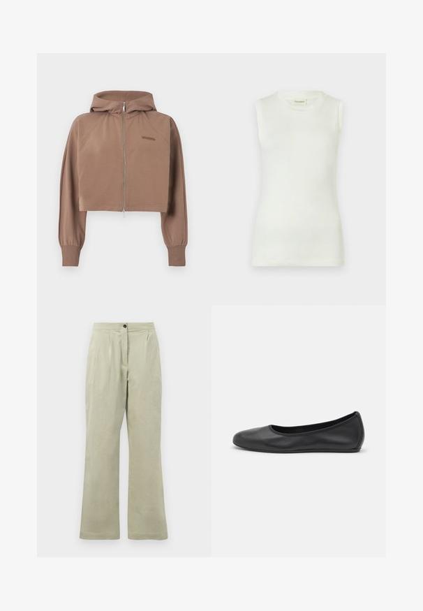 Sweat à capuche court marron avec manches longues, fermeture éclair devant, poignets en côte et petit logo embossé sur la poitrine.; Haut blanc sans manches en coton doux, avec un col rond et une silhouette ajustée. Texture lisse sans motifs ni accents visibles.; Pantalons larges vert clair en tissu doux, dotés d'une fermeture à bouton à l'avant, de plis et d'un ourlet net.; Ballerines en cuir noir avec un bout rond, texture lisse, détails de couture minimalistes et design de semelle flexible.