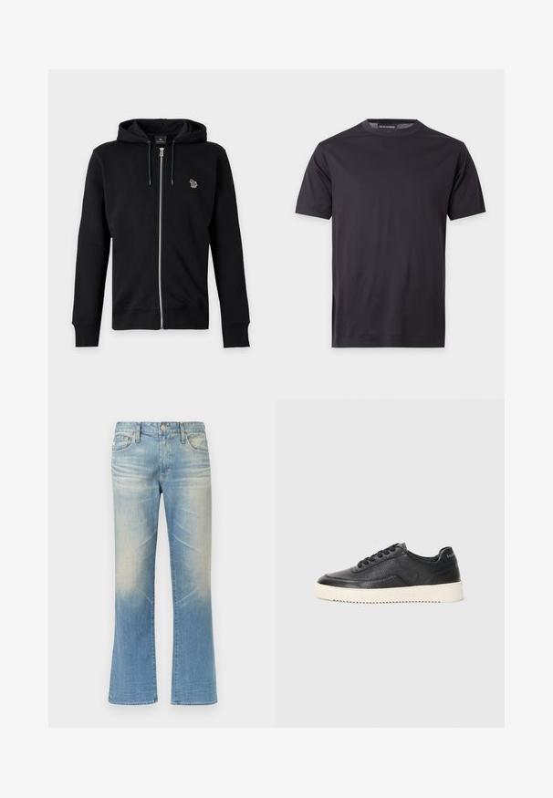 Sweat à capuche noir zippé avec cordon et petit logo animal multicolore sur le côté gauche de la poitrine sur fond gris.; T-shirt noir uni à manches courtes avec col rond, avec un petit logo ton sur ton sur la poitrine gauche et une étiquette de marque au niveau du col.; Jean évasé en denim bleu clair avec une finition délavée, design à cinq poches, fermeture par bouton en métal et ourlets droits.; Baskets en cuir noir avec finition texturée, bout rond et semelle plate en caoutchouc blanc. Présentent des lacets noirs et un logo sur le talon.