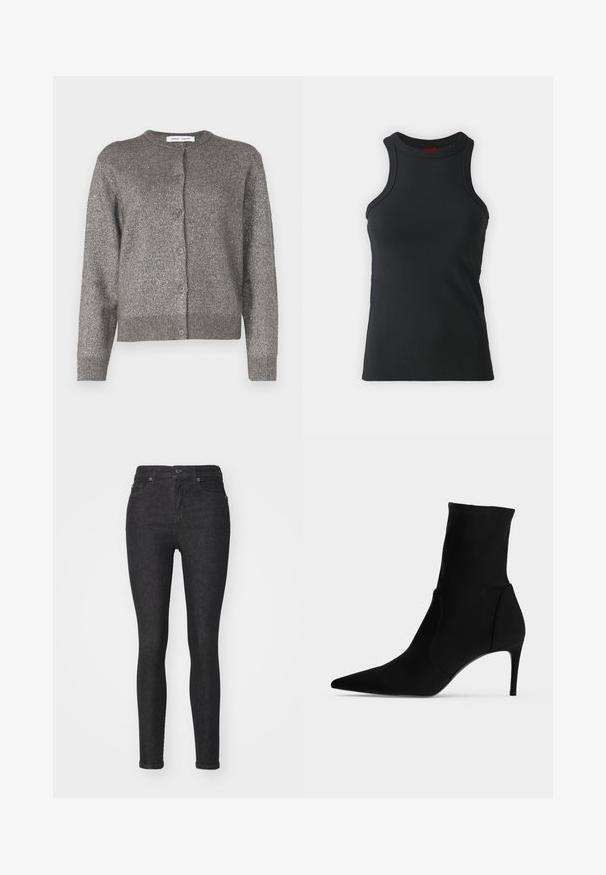 Harmaa metallinhohto cardigan, jossa on pyöreä pääntie, napitussuclosure, pitkät hihat, ribbineuleinen helma ja tekstuuri viimeistely.; Musta hihaton toppi, joka on valmistettu joustavasta kankaasta. Ominaisuuksiin kuuluu pyöreä kaula-aukko ja istuva siluetti, jossa on minimaalinen sauman yksityiskohta.; Mustat farkut, kapeat lahkeet, klassinen viiden taskun malli, edessä nappikiinnitys ja hienovaraiset ompeluyksityiskohdat.; Musta nilkkuri terävällä kärjellä ja kapealla korkealla korolla, esitetty sivuprofiilissa vaalealla taustalla. Tyylikäs, minimalistinen muotoilu.