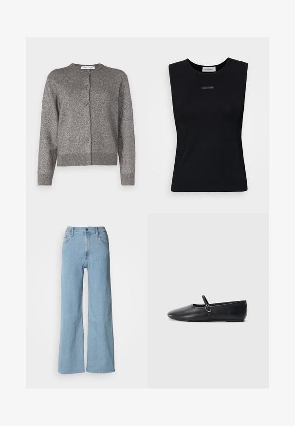 Cardigan gris métallique avec un col rond, fermeture à boutons, manches longues, ourlet côtelé et finition en tissu texturé.; Top sans manches noir en tissu lisse. Doté d'un col rond et d'un petit logo Calvin Klein au centre. Design simple et ajusté.; Jeans en denim bleu clair à jambes larges, avec une taille cintrée, un design à cinq poches et des détails de couture subtils.; Ballerines noires en cuir avec un bout pointu, une semelle plate et une petite sangle avec un détail de boucle en argent.