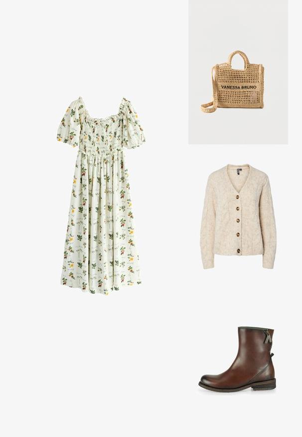Lysebeige strikket cardigan med V-udskæring, kabelstrikkemønster og fem brune knapper ned foran. Ribstrikkede manchetter og kant.; Hvid maxikjole med puffede ærmer, smocked krop og flerfarvede blomster- og frugtmønstre med kursiv skrift.; Brun læder ankelstøvle med rund tå, sidelukning med lynlås og en lav stablet hæl. Har et diskret sommerfuglemblem på hælen.; Vævet beige håndtaske med to håndtag, lang rem, åben vævning og "VANESSA BRUNO" broderet i sort på forsiden.