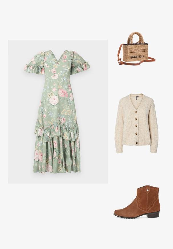 Lichtbeige gebreid vest met een V-hals, kabelgebreid patroon en vijf bruine knopen aan de voorkant. Geribbelde manchetten en zoom.; Floral maxi-jurk in zacht groen met een V-hals, pofmouwen, ruches en een gelaagde zoom. Bevat roze rozen en kleine blauwe bloemen.; Bruine suède enkelboot met een gebogen ontwerp, subtiele stiksels, en een lage blokhak, voorzien van een decoratieve trekband en rubberen zool.; Gevlochten strohandtas met korte handvatten, zwarte afwerking, zwart geborduurde tekst "BIMBA Y LOLA" en afneembare bruine leren riem met knopdetails.