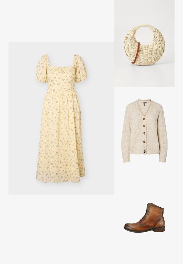 Cárdigan de punto color beige claro con escote en V, patrón de trenzas y cinco botones marrones en la parte delantera. Puños y bajo acanalados.; Vestido midi amarillo con mangas abullonadas, escote cuadrado, delicado estampado floral y cintura fruncida.; Bota corta de cuero marrón con cordones en la parte delantera, tacón bajo, cremallera trasera y mariposa en relieve cerca del talón sobre un fondo blanco.; Bolso redondo trenzado en paja natural con un acabado texturizado. Presenta una correa de cuero marrón suave y un asa circular.