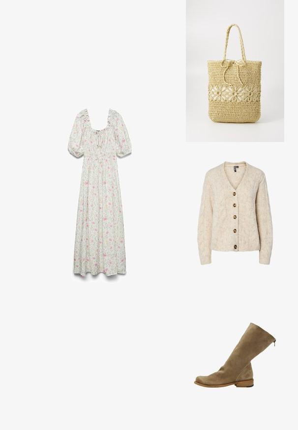Cardigan en maille beige clair avec un col en V, motif torsadé, et cinq boutons marron sur le devant. Poignets et ourlet côtelés.; Robe blanche longueur cheville avec manches bouffantes, corsage froncé, col à nouer et motif floral rose.; Bottes en suède beige jusqu'au genou avec un bout arrondi, un design minimal, un petit talon en bois et une fermeture éclair latérale pour un enfilage facile.; Becksöndergaard WAFTED FAUNA BAG - Cabas - light nature