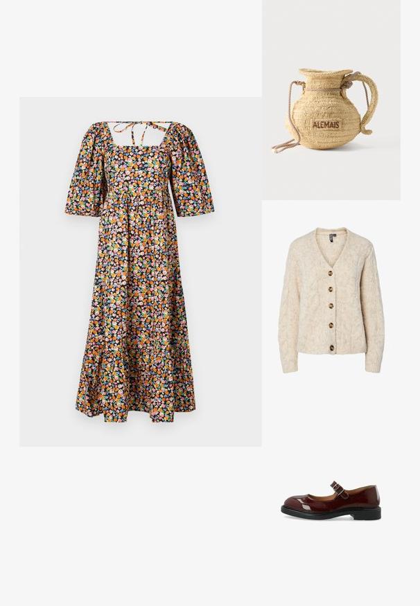 Lysebeige strikket cardigan med V-udskæring, kabelstrikkemønster og fem brune knapper ned foran. Ribstrikkede manchetter og kant.; Blomster maxikjole med firkantet halsudskæring, puff-ærmer og tætsiddende overdel. Har en sort baggrund med farverige blomstermønstre.; Bianco BIAADDA MARY JANE LAK - Pumps - burgundy; Rund flettet stråtaske med håndtag af reb og "ALEMAIS" broderet på siden med brunt garn.