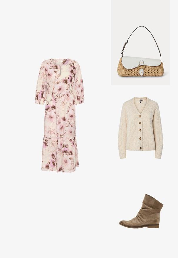 Lysebeige strikket cardigan med V-udskæring, kabelstrikkemønster og fem brune knapper ned foran. Ribstrikkede manchetter og kant.; Blomster midi-kjole med trekvartærmer, lys pink bund, brune og lilla blomstermønstre, detaljer med bindebånd i taljen og en flagrende kant.; Tan ruskind ankelstøvle med en slouch-design, spids tå og en lav, struktureret gummisål. Har subtile sømme og en glat finish.; Flettet stråtaske med hvid læderklap, guldlås og justerbar mørkebrun skulderrem på hvid baggrund.