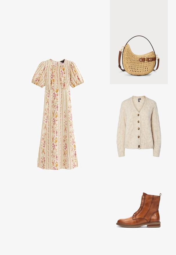 Lysebeige strikket cardigan med V-udskæring, kabelstrikkemønster og fem brune knapper ned foran. Ribstrikkede manchetter og kant.; Kremfarvet midikjole med pufærmer, rund halsudskæring, tætsiddende talje og lodrette blomstrede striber i pink, orange og grønne nuancer.; Brun læder ankelstøvle med en rund tå, metalnitter på siden og en lav stablet hæl. Glat overflade og forstærkede syninger.; Vævet halmmulesæk med en buet form, brunt læderstrop med spænde og en naturlig tan farve. Tekstureret overflade med synlige sting.