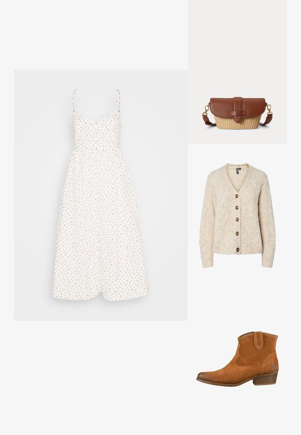 Lichtbeige gebreid vest met een V-hals, kabelgebreid patroon en vijf bruine knopen aan de voorkant. Geribbelde manchetten en zoom.; Madewell ALEXA RUFFLE BODICE BUTTON DOWN MIDI DRESS PRINT - Blousejurk - lighthouse; Lichtbruine suède enkellaarzen met een puntige neus, decoratieve stiksels en een lage blokhak. Beschikt over een trekflap met een zigzagrand.; Bruine leren en geweven stro schoudertas met klepsluiting en verstelbare riem met gespen in goudkleur.