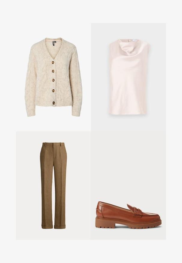 Cardigan en maille beige clair avec un col en V, motif torsadé, et cinq boutons marron sur le devant. Poignets et ourlet côtelés.; Haut sans manches style soie de couleur beige doux avec un col bénitier drapé. Doté d'une fermeture éclair discrète au dos et d'une texture lisse et brillante.; Pantalon droit à carreaux marron avec passants pour ceinture et ourlets retroussés, présenté sur un fond uni.; Mocassins en cuir marron avec un design à bout mocassins, coutures visibles et une semelle en caoutchouc épaisse et texturée. Accent en métal doré.