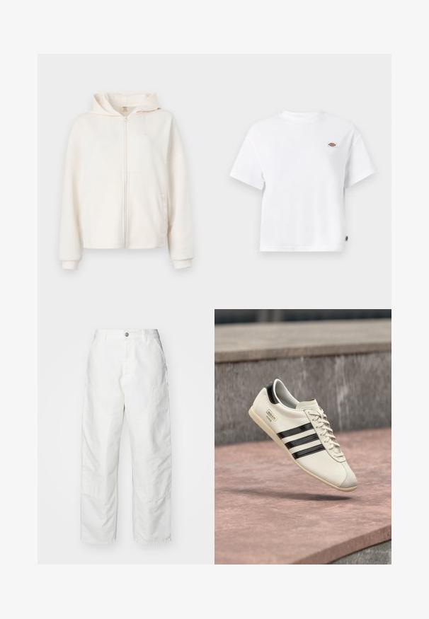 Crème zip-up hoodie gemaakt van zachte stof, met een front pocket, ribgebreide manchetten en een logo-detail op de borst.; Witte katoenen T-shirt met een relaxte pasvorm, voorzien van een klein logo-opdruk op de borst en een label aan de zijkant voor een extra detail.; Witte cargobroek van denim, met een relaxte pasvorm, zijzakken en zichtbare stiksels. Eenvoudige voorkant met een knoopsluiting.; Witte Adidas sneaker met zwarte strepen en beige zool, zwevend boven een rozeachtig betonnen oppervlak en een grijze stenen achtergrond.