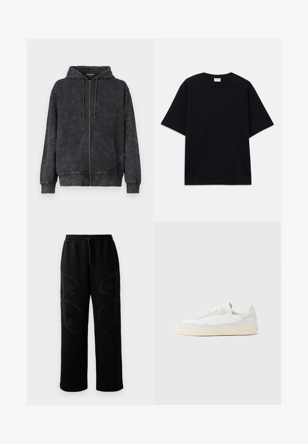 Sort vasket zip-up hoodie med snoretræk, frontlommer og diskret "Les Benjamins" logo på venstre bryst.; Sort oversized T-shirt med korte ærmer og rund halsudskæring, med synlig Filippa K mærke indeni kraven.; Sorte joggingbukser med en afslappet pasform, der har intrikate spiralmønstre i syningerne langs siderne samt en elastisk talje med snoretræk.; Hvid sneakers med en øvre del i tekstureret ruskind og læder. Har rundet tå, snørelukning og kontrasterende beige gummisål.