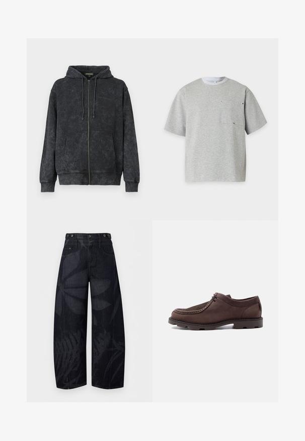 Schwarz gewaschene Zip-Hoodie mit Kordeln, Vordertaschen und dezentem "Les Benjamins"-Logo auf der linken Brust.; Hellgraues T-Shirt mit kurzen Ärmeln, rundem weißem Kragen und einer Brusttasche mit kleinen Metallösen.; Schwarze Denim-Hose mit hoher Taille und weitem Bein, dezenten dunklen Blattmustern und Knopfdetails am Bund.; Brauner Lederschnürschuh mit dicker profillierter Sohle und Mokassinnaht auf hellem einfarbigen Hintergrund.