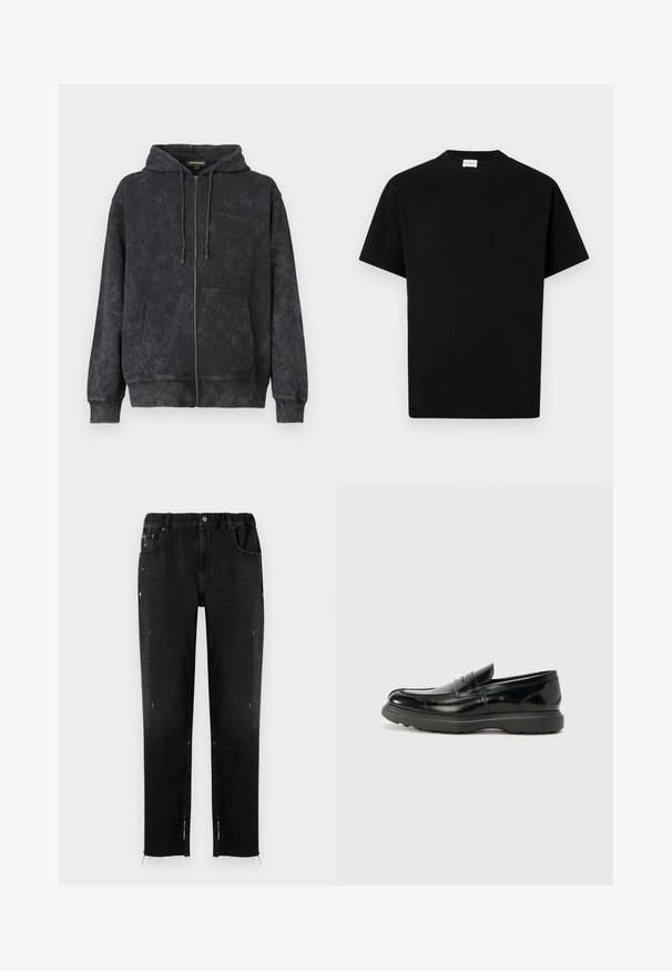 Sort vasket zip-up hoodie med snoretræk, frontlommer og diskret "Les Benjamins" logo på venstre bryst.; Sort bomuld t-shirt med rund hals, korte ærmer og lige snit. Ingen synlige mønstre eller hardwaredetaljer.; Sorte jeans lavet af denim med elastisk talje, lige snit, slidte detaljer og flossede kant. Har lommer og knaplukning.; Sort læderloafer med en blank finish, rund tå, subtile syninger og en tyk gummisål for holdbarhed.