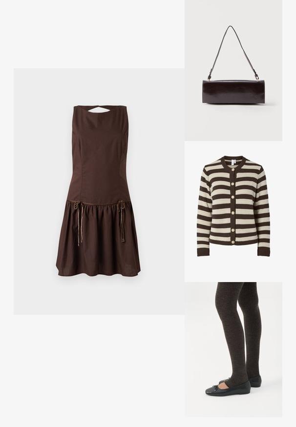 Stribet cardigan i creme og mørkebrun, ribbet tekstur, rund halsudskæring, seks guldtonede knapper foran, lange ærmer.; Brun ærmeløs kjole med en tætsiddende overdel og udvidet nederdel. Har snøredetaljer i taljen og et åbent rygdesign.; Ben iført mørke ribbede leggings kombineret med sorte balletsko med små sløjfedetaljer på hvid baggrund.; Rektangulær sort læderhåndtaske med en enkelt lang rem og blank finish, vist mod en ensfarvet hvid baggrund.