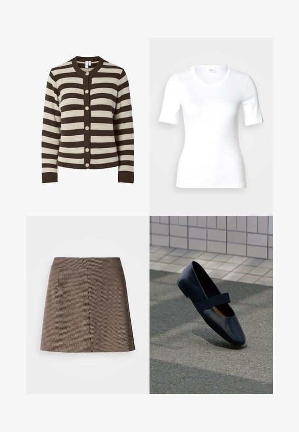 Stribet cardigan i creme og mørkebrun, ribbet tekstur, rund halsudskæring, seks guldtonede knapper foran, lange ærmer.; Hvid T-shirt med korte ærmer lavet af glat bomuld, med rund halsudskæring og en tætsiddende pasform. Klassisk design uden mønstre eller detaljer.; Brun og sort hundetand mønster mini nederdel med lige pasform og foran sømdetalje på hvid baggrund.; Sort læder flad sko med rund tå, der har en blød sort elastisk strop over vristen. Glat tekstur og minimalistisk design.