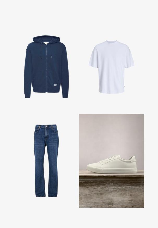 Sweat à capuche zippé bleu marine avec cordon de serrage à la capuche, poche kangourou, poignets et ourlet côtelés, fabriqué à partir d'un mélange de coton doux.; T-shirt en coton blanc avec un col rond et des manches courtes. Présente une coupe décontractée et une texture lisse, sans motifs ni accents visibles.; Jeans en denim bleu foncé avec une coupe droite, dotés de poches avant, de passants de ceinture et d'une fermeture à glissière avec bouton.; Sneaker en dentelle blanche flottant au-dessus d'un banc en bois avec un feuillage vert en arrière-plan, mettant en valeur le design et la texture de la chaussure.
