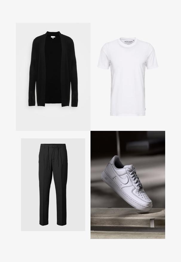 Cardigan noir ouvert à l'avant, fabriqué en tissu léger et texturé. Il présente des manches longues et une coupe décontractée, idéale pour le superposition.; T-shirt blanc à manches courtes en coton, avec un col rond et un design simple. Étiquette de marque visible au niveau du cou. Aucun motif ni accent.; Pantalons noirs sur mesure avec une taille à cordon de serrage, présentant des plis sur le devant et une coupe droite élégante. Texture douce.; La basket Nike Air Force 1 en cuir blanc présente un embout perforé, des lacets plats et une semelle en caoutchouc texturée avec le logo « AIR » sur le côté.