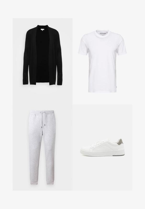 Black open-front cardigan made of lightweight, textured fabric. Features long sleeves and a relaxed fit, suitable for layering.; White short-sleeve t-shirt made of cotton, featuring a crew neck and a simple design. Brand tag visible on the neck area. No patterns or accents.; Gray sweatpants in soft cotton blend. Features an elastic waistband with drawstring and tapered cuffs. Smooth texture, no patterns.; White sneaker with smooth leather material, rounded toe, minimalistic design, grey heel accent, and textured rubber sole.