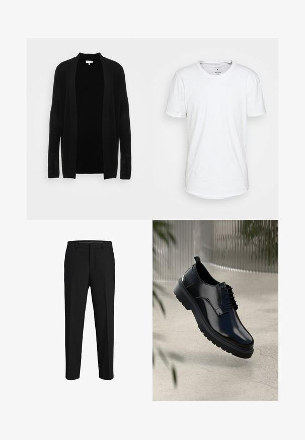 Cardigan noir ouvert à l'avant, fabriqué en tissu léger et texturé. Il présente des manches longues et une coupe décontractée, idéale pour le superposition.; T-shirt blanc à manches courtes en coton avec un col ras du cou classique. Présente un ourlet légèrement incurvé et des détails de couture minimalistes.; Pantalons noirs en tissu lisse, présentant une coupe droite, des passants de ceinture et un devant plat sans motifs ni embellissements visibles.; Chaussure en cuir noir avec une finition brillante, bout rond, design à lacets, surpiqûres contrastantes, et semelle épaisse en caoutchouc avec motifs de relief.