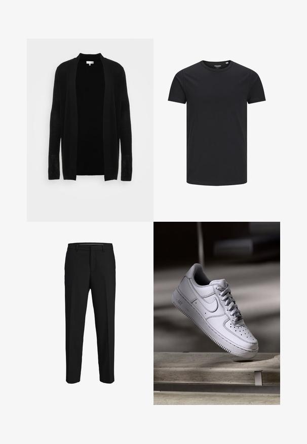 Zwarte open voorkardigan gemaakt van lichtgewicht, gestructureerde stof. Beschikt over lange mouwen en een ontspannen pasvorm, geschikt voor het combineren van kleding.; Zwarte katoenen T-shirt met een ronde hals, korte mouwen en een eenvoudig ontwerp. Soepele textuur, geen patronen of zichtbare hardware.; Zwarte broeken van een gladde stof, met een rechte snit, riemlussen en een platte voorkant zonder zichtbare patronen of versieringen.; Witte Nike Air Force 1 sneaker van leer met geperforeerde neus, platte veters en een gestructureerde rubberen zool met "AIR"-logo aan de zijkant.
