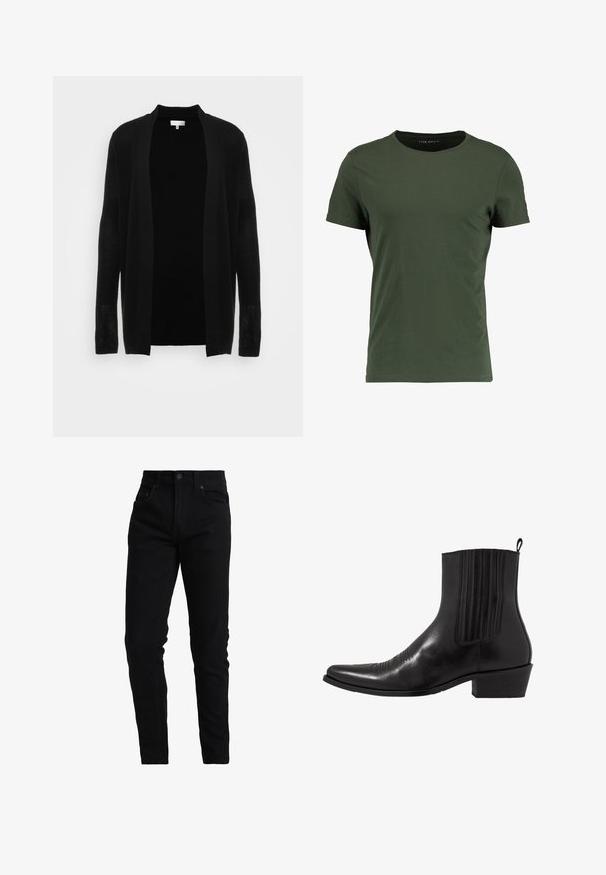 Cardigan noir ouvert à l'avant, fabriqué en tissu léger et texturé. Il présente des manches longues et une coupe décontractée, idéale pour le superposition.; T-shirt en coton vert foncé avec un col rond classique, des manches courtes et une texture lisse. Design simple et épuré.; Jean noir en denim avec une coupe slim, doté d'une taille moyenne, d'un design à cinq poches et de détails de couture subtils. Tissu à texture lisse.; Bottine noire en cuir avec un bout pointu, des panneaux latéraux élastiques, des accents de coutures verticales et un petit talon bloc.