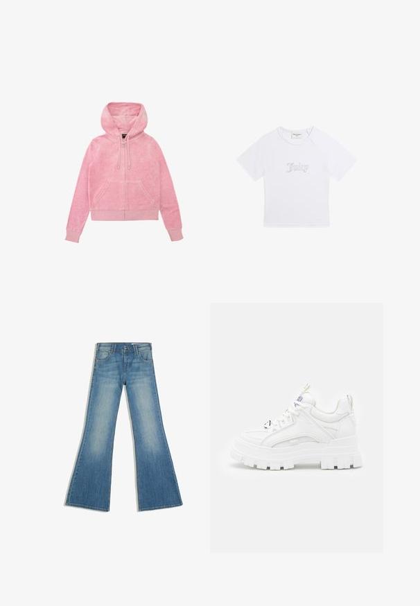Roze hoodie met een rits aan de voorkant, twee voorzakken, een trekkoord en ribgebreide manchetten. Gemaakt van zachte, gestructureerde stof.; Witte korte mouw croptop T-shirt met "Juicy" in strass steentjes gecentreerd aan de voorkant en een ronde halslijn.; Blauwe spijkerbroek met uitlopende pijpen, voorzakken en knoopsluiting, afgebeeld tegen een witte achtergrond.; Witte chunky sneakers met een textuur bovenkant, gevoerde kraag en dikke, gegroefde zool. Voorzien van contrasterende zwarte veters en merkaanduiding.