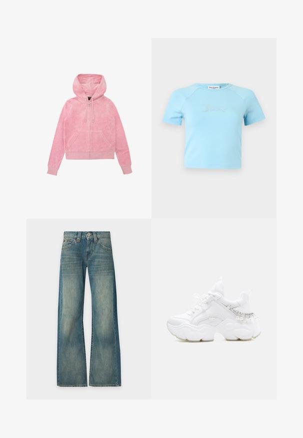 Roze hoodie met een rits aan de voorkant, twee voorzakken, een trekkoord en ribgebreide manchetten. Gemaakt van zachte, gestructureerde stof.; Lichtblauw crop top met korte mouwen en ronde halslijn, met "Juicy" in strass-steentjes op de borst gecentreerd.; Blauwe denim jeans met een verwassen uitstraling, hoge taille, wijde pijpen, knoop- en ritssluiting aan de voorkant en vijf zakken, getoond tegen een effen achtergrond.; Witte chunky sneaker met dikke zool, veters aan de voorkant en kettinkdetail met hangende parels op de hiel.
