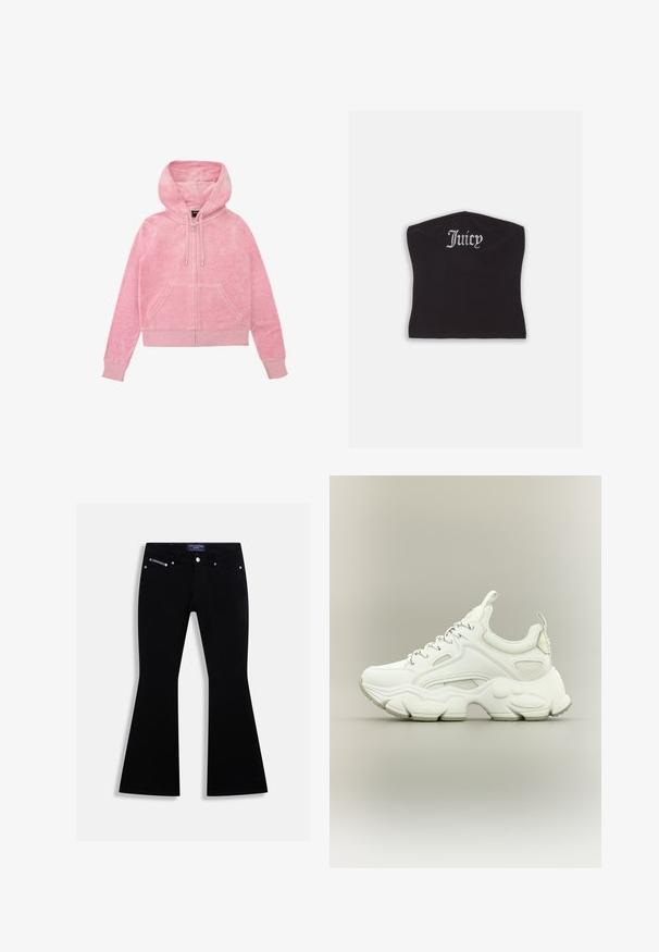Roze hoodie met een rits aan de voorkant, twee voorzakken, een trekkoord en ribgebreide manchetten. Gemaakt van zachte, gestructureerde stof.; Zwarte fitted crop top met een gladde textuur en een ronde halslijn, versierd met strasstenen letters die "Juicy" op de voorkant spellen.; Zwarte flared jeans met vijf zakken, zilveren knoop en klinknagels, en een Juicy Couture-label op de tailleband en het muntzakje.; Witte chunky sneaker met dikke, gestructureerde zool, bovenwerk van mesh en leer, vetersluiting en treklusjes op tong en hiel.