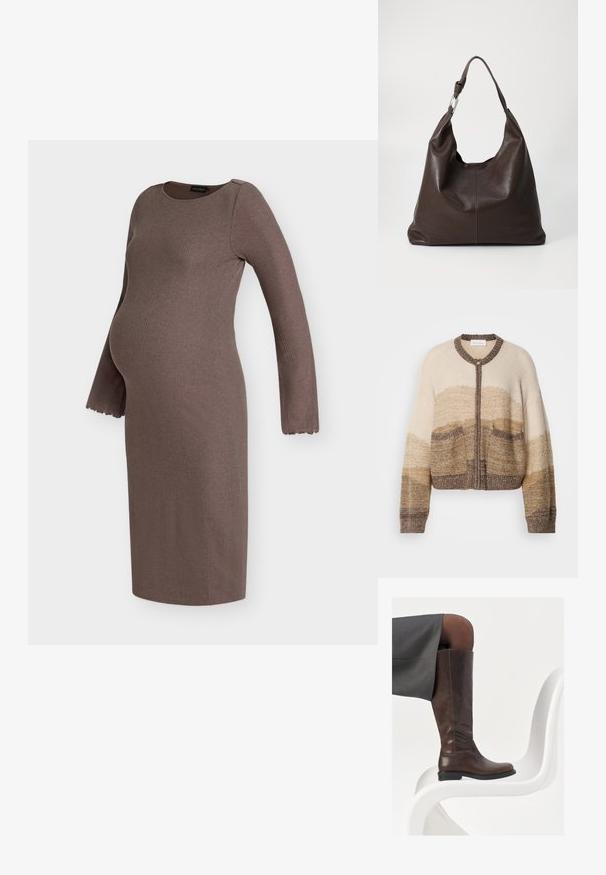 Beige og brun strikket cardigan med rund krave, lynlås lukning og to forreste lommer. Har et gradientmønster og tekstureret stof.; Brun ribstrikket langærmet graviditetskjole med bølget kant ved ærmerne og en figursyet silhuet for komfort og stil under graviditeten.; Brun læder knæhøj støvle med afrundet tå, glat tekstur og minimale syningsdetaljer, sat mod en lys baggrund på en hvid stol.; Zign LEATHER - Shopping bags - chocolate brown