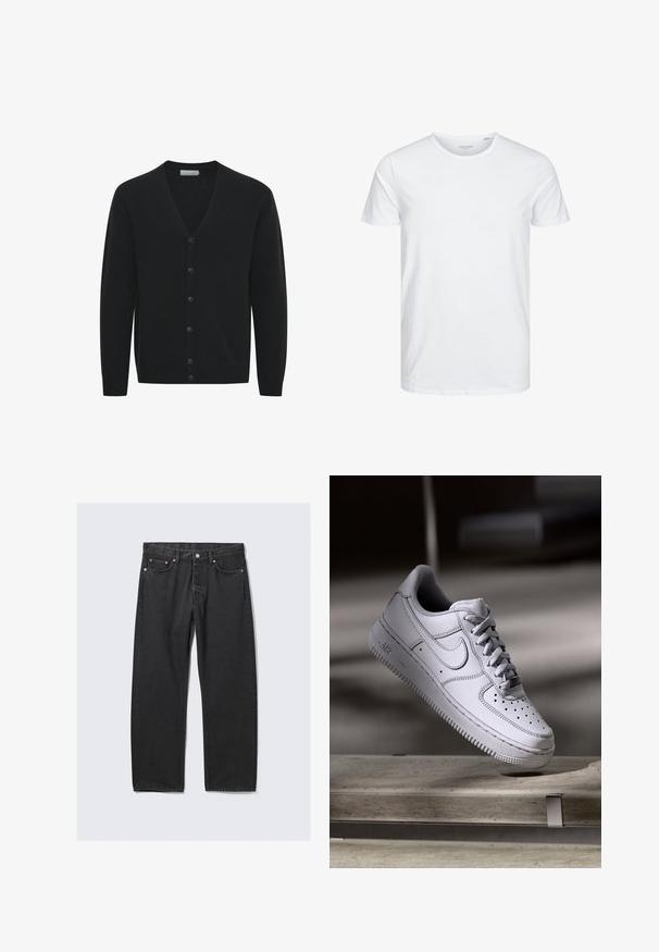 Cardigan noir en tissu tricoté doux, avec un col en V, des manches longues et six boutons à l'avant. Poignets et ourlet côtelés.; T-shirt à col rond à manches courtes de couleur blanche unie, fabriqué en coton doux, avec un design simple sans motifs ni accents visibles.; Jean noir droit avec cinq poches et une fermeture bouton à la taille, posé à plat sur un fond clair.; La basket Nike Air Force 1 en cuir blanc présente un embout perforé, des lacets plats et une semelle en caoutchouc texturée avec le logo « AIR » sur le côté.
