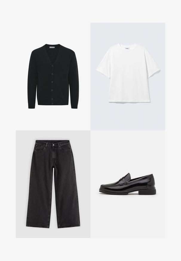 Cardigan noir en tissu tricoté doux, avec un col en V, des manches longues et six boutons à l'avant. Poignets et ourlet côtelés.; T-shirt blanc oversize à manches courtes, col rond, épaules tombantes, posé à plat sur fond gris clair.; Jean en denim noir à jambes larges avec poches avant, passants pour ceinture et fermeture par boutons, présenté sur un fond clair uni.; Mocassins en cuir noir avec un embout arrondi, présentant un détail cousu sur le dessus, et un petit talon carré. Texture lisse et finition brillante.