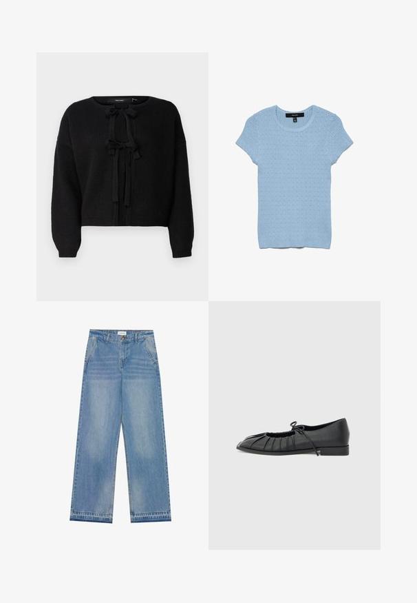 Vero Moda VMBOW Knit - Cardigan - black; Lyseblå kortærmet striktop med lodret ribstruktur og lille hulmønster, rund halsudskæring og tætsiddende kant.; Lyseblå højtaljede wide-leg jeans med knaplukning, frontlommer, bæltestropper og diskret falmet detaljer.; Sort flad sko med plisseret forstykke og bundet sløjfe på toppen, lav hæl og glat tekstur på en lysegrå baggrund.