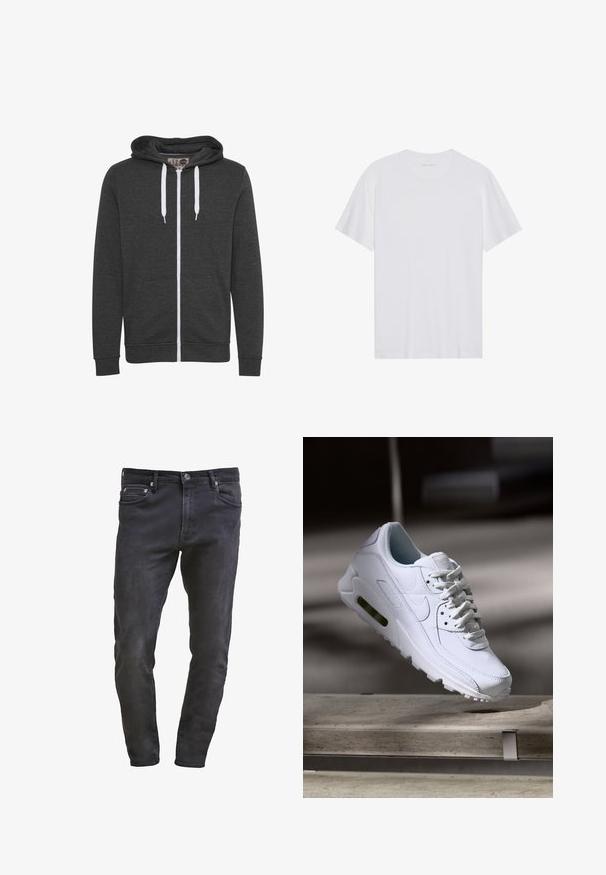 Hoodie zippé gris charbon en tissu doux, avec une poche avant, des cordons blancs et des poignets et un ourlet côtelés.; T-shirt en coton blanc à manches courtes, col rond et texture lisse. Présente un branding minimal au niveau du col.; Jean en denim noir slim-fit avec design à cinq poches, fermeture éclair et décoloration subtile. Texture lisse avec une finition en dégradé foncé.; Baskets blanches en cuir avec des surfaces texturées, un col rembourré et un amorti d'air visible dans la semelle. Elles possèdent des lacets et un design minimaliste.