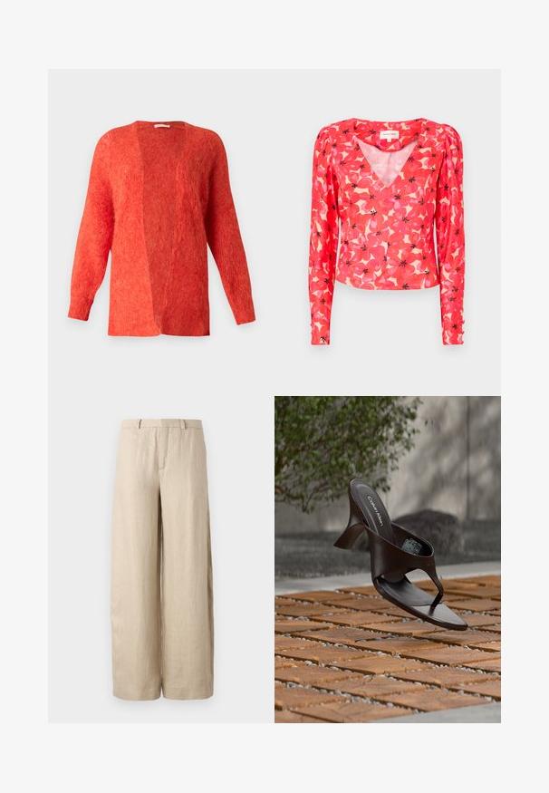 Rote, offen gestaltete Strickjacke aus weichem, strukturiertem Material. Hat lange Ärmel und einen lockeren Schnitt. Keine Verschlüsse, minimalistisches Design.; Rote blumige Bluse mit langen Ärmeln und V-Ausschnitt, ausgestattet mit pinken und schwarzen Blumenmustern auf einem hellen Hintergrund. Hergestellt aus leichtem, transparentem Stoff.; Beige, weit geschnittene Hosen aus Leinen. Mit einer Vorderfalte, zwei Seitentaschen und einem Bund mit Gürtelschlaufen. Glatte Textur.; Braune Calvin Klein Sandalette mit Absatz und Zehensteg, schwebend über einem Boden aus Holzfliesen und Kies im Freien, mit verschwommenem Grün und Stein im Hintergrund.