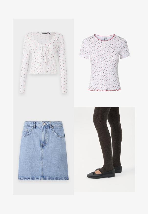 Camiseta blanca de manga larga con escote en V, detalle de lazo en el frente y un patrón de pequeñas cerezas rojas con hojas verdes. Dobladillo con forma de pico.; Camiseta blanca de manga corta con pequeño estampado floral rojo, textura acanalada, ribete ondulado rojo en el cuello y el bajo. Sin botones ni bolsillos visibles.; Falda de mezclilla azul claro con diseño de cinco bolsillos, cierre delantero de botón y cremallera, y dobladillo sin rematar. Textura suave con un leve desgaste.; Piernas con leggings oscuros acanalados combinados con bailarinas negras que presentan pequeños detalles de lazo sobre un fondo blanco.