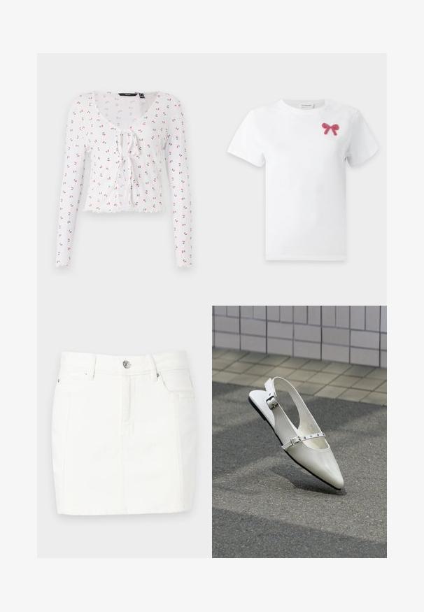 Camiseta blanca de manga larga con escote en V, detalle de lazo en el frente y un patrón de pequeñas cerezas rojas con hojas verdes. Dobladillo con forma de pico.; Camiseta blanca de manga corta con una pequeña decoración de lazo rosa con cuentas en la parte superior izquierda del pecho.; Falda de mezclilla blanca con un diseño ajustado, que cuenta con un cierre de botones en la parte delantera, dos bolsillos laterales y una longitud hasta mitad del muslo. Textura suave.; Zapato plano blanco con punta puntiaguda y diseño slingback con dos hebillas plateadas, mostrado al aire libre sobre un suelo texturizado y fondo de pared con azulejos.