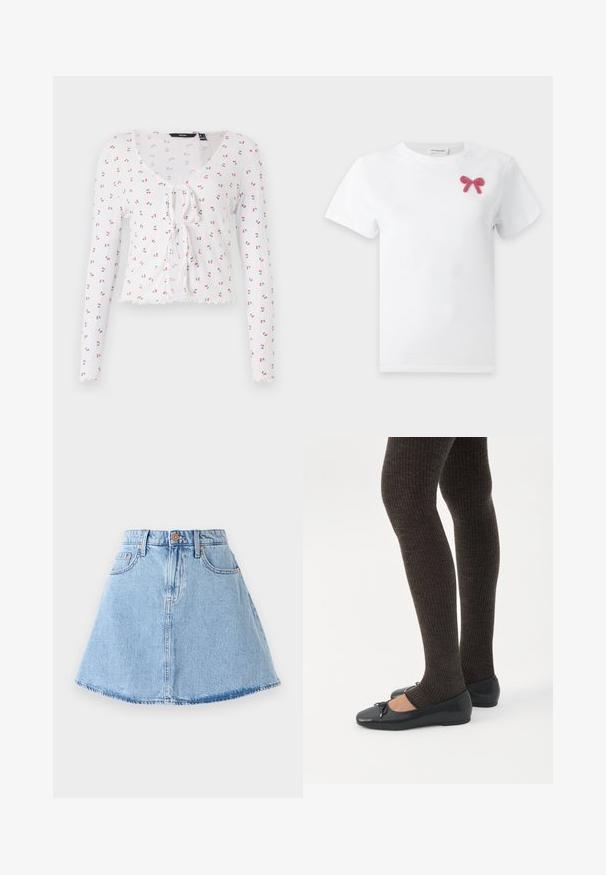 Camiseta blanca de manga larga con escote en V, detalle de lazo en el frente y un patrón de pequeñas cerezas rojas con hojas verdes. Dobladillo con forma de pico.; Camiseta blanca de manga corta con una pequeña decoración de lazo rosa con cuentas en la parte superior izquierda del pecho.; Falda de mezclilla en corte A de color azul claro con dobladillo deshilachado, cinco bolsillos y cierre de botón. Presenta herrajes en tono cobre y detalles de costura sutiles.; Piernas con leggings oscuros acanalados combinados con bailarinas negras que presentan pequeños detalles de lazo sobre un fondo blanco.