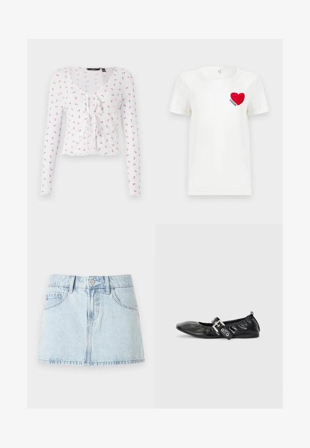 Camiseta blanca de manga larga con escote en V, detalle de lazo en el frente y un patrón de pequeñas cerezas rojas con hojas verdes. Dobladillo con forma de pico.; Camiseta blanca de manga corta con un corazón rojo y la palabra "AMOUR" impresa en el área del pecho izquierdo.; Falda mini de mezclilla azul claro con botones frontales, lazos para cinturón y bolsillos delanteros, presentada sobre un fondo blanco.; Zapato plano de piel negra con puntera afilada, detalle fruncido alrededor de la abertura y un acento de hebilla plateada en la correa ajustable.